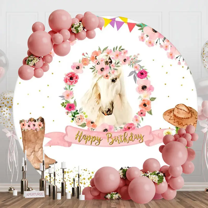 Rustic Cowboy Horse Flower Round Birthday Backdrop - Aperturee