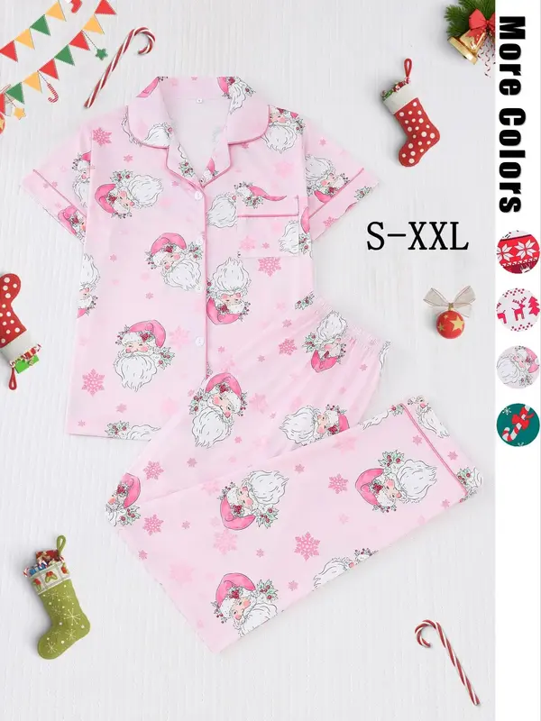 【Christmas】Women's Christmas Pajama Set, Soft Fabric, Fitted Lapel Button Short Sleeve Top & Elastic Pants, Casual Holida...