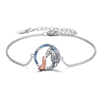 Sterling Silver Two-tone Circular Shaped Cubic Zirconia Dragon Charm Bracelet