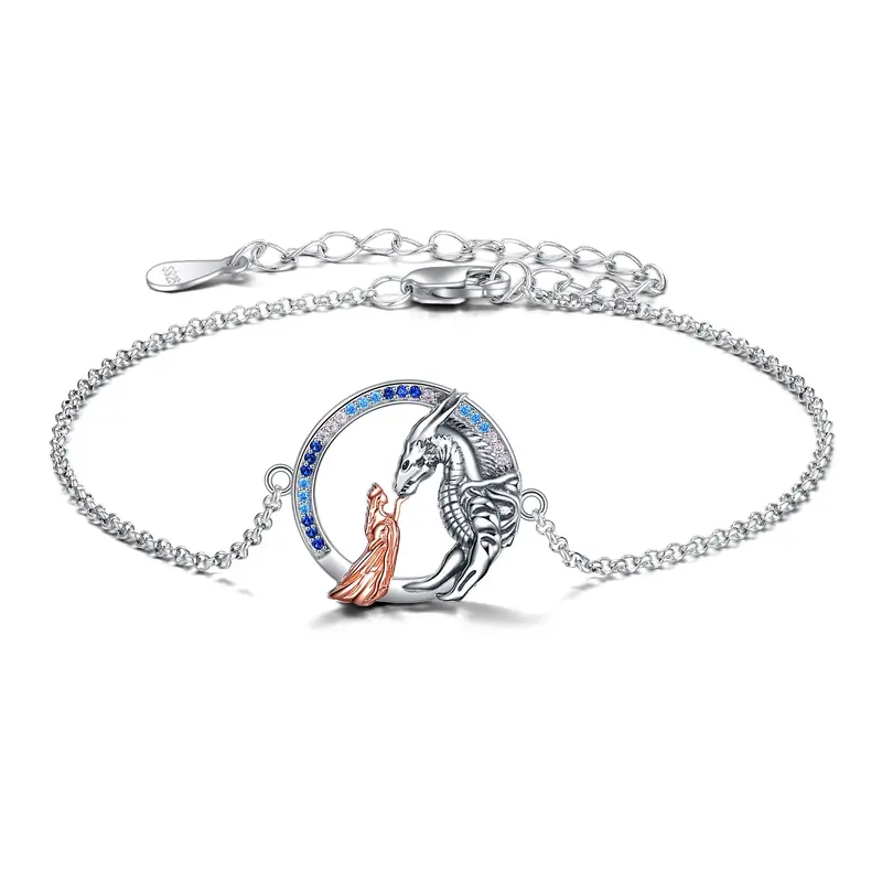 Sterling Silver Two-tone Circular Shaped Cubic Zirconia Dragon Charm Bracelet