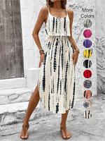 Women's All Over Print Tie Front Split Thigh Cami Dress, Casual Sleeveless Spaghetti Strap Long Dress for Summer, Ladies Clot...