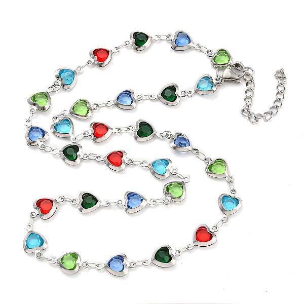 304 Stainless Steel & Glass Heart Link Chain Necklaces