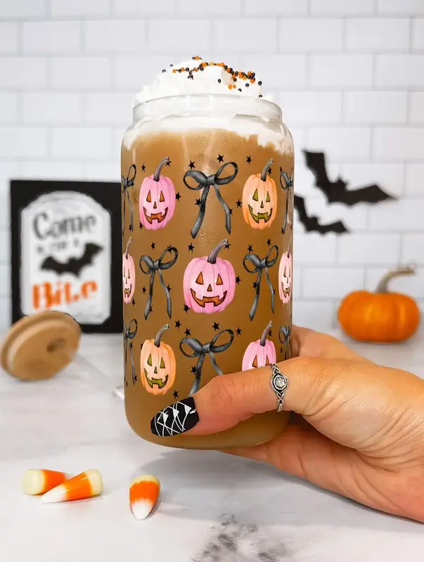 Sip-Sip Hooray! 16oz Halloween Glass Can Cup – Spooky Season Tumbler with Lid & Straw, Halloweentok 2024 Gift, Iced Coffee ...