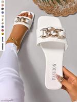 Women's Fashionable Plain Color Chain Decorated Slides, Casual Comfortable Flat Sandals for Beach, Home, and Everyday Wear, T...