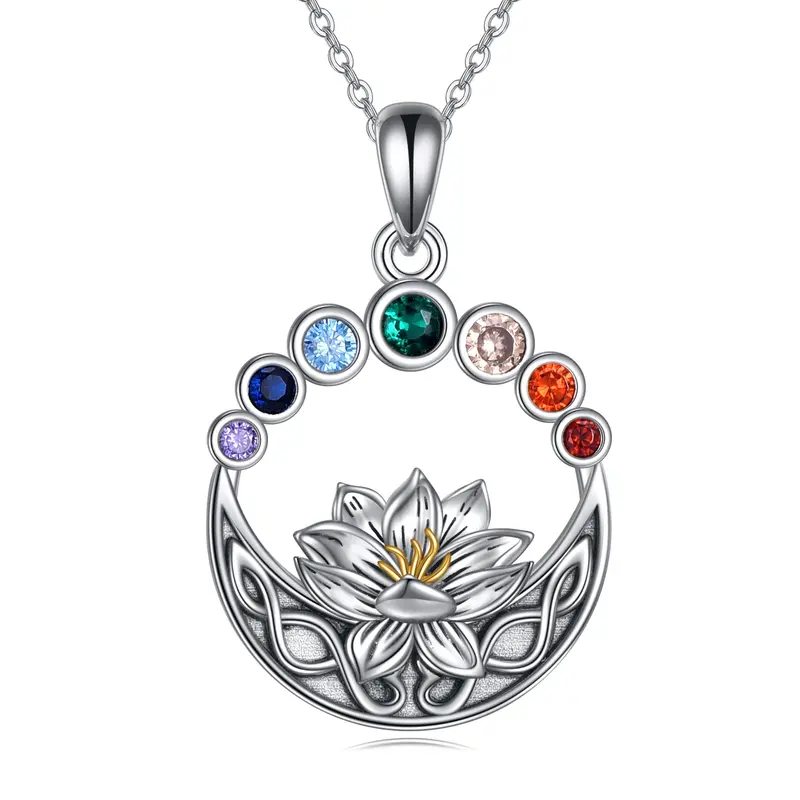 Sterling Silver Two-tone Circular Shaped Cubic Zirconia Lotus & Chakras Pendant Necklace