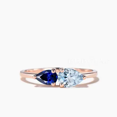 Teardrop Cut Aquamarine Sapphire Engagement Ring Rose Gold Tei et Moi Ring