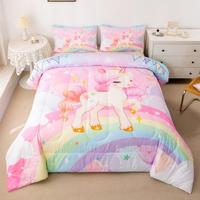 Unicorn Comforter Set,Rainbow Cartoon Unicorn Bedding Set,Pink Kawaii Cute Reversible Stars Comforter,Cozy Soft All Season Du...
