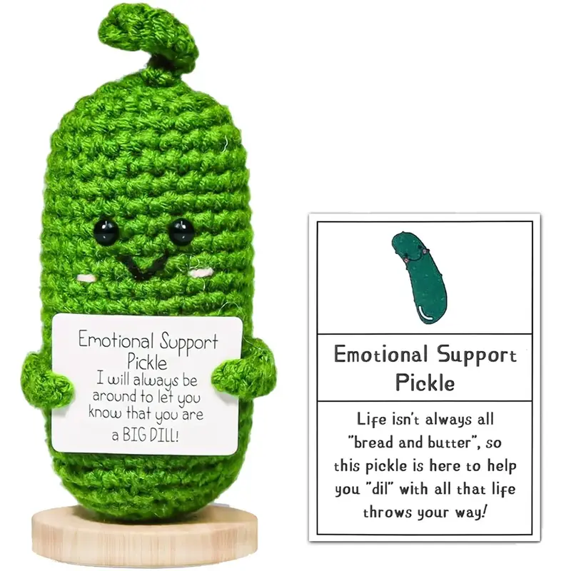 Handmade Emotional Support Pickles, Crochet Doll with Wooden Base, Funny Table Decor, Inspirational Father's Day Gift, Perfec...