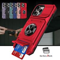For iPhone 16 15 14 13 Pro Max with Card Holder 360 Magnetic Ring Stand Dual Layer Heavy Duty Shockproof Wallet Phone Case