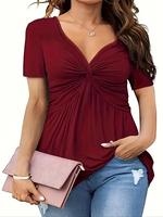 【Plus Size】 Solid Twist Front V Neck Tee, Elegant Casual Short Sleeve T-shirt for Summer, Women's Plus Clothing for Daily...