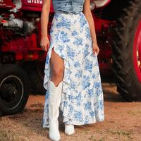 Women's Boho Floral Print High Waist Ruffle Split Maxi Skirt