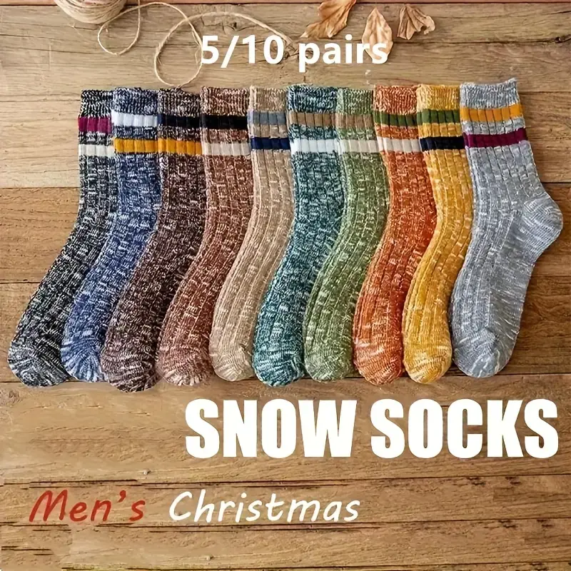 5/10 Pairs Men's Casual Striped Retro Blend Knitted Socks Thick, Soft, Warm, Breathable & Moisture- Crew Socks for Boys, Autu...