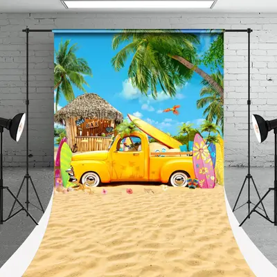Car Surfboard Sand Beach Bar Summer Sweep Backdrop - Aperturee
