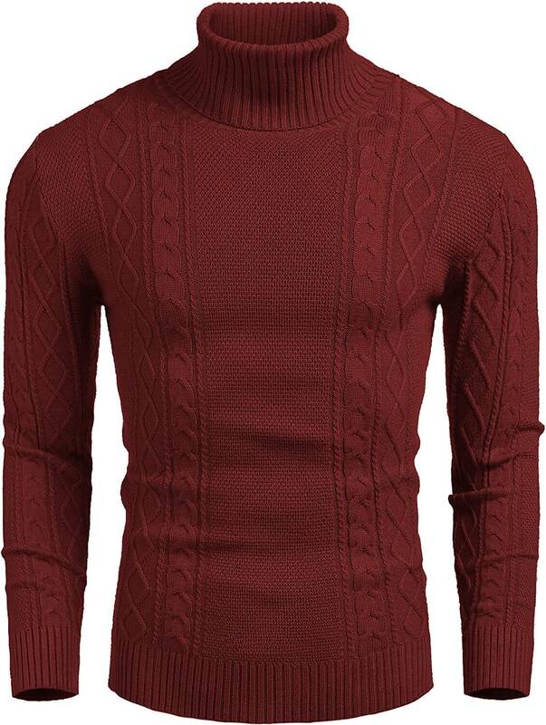 Turtleneck Casual Cable Knitted Pullover Sweaters (US Only), Wine Red / XXL