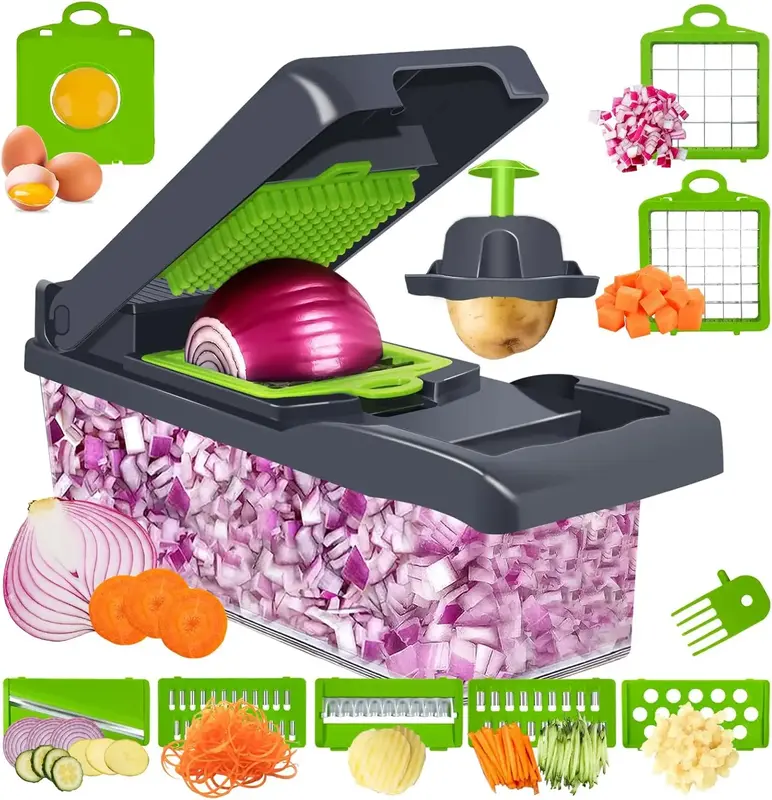 14-in-1 Multi functional Vegetable Chopper with 8 Blades and Container – Onion Chopper, Kitchen Slicer, Cutter Plastic Stai...