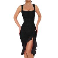 BORIFLORS 2025 Women's Square Neck Sleeveless Sexy Ruched Bodycon Cocktail Elegant Ruffle Mesh Hem Midi Evening Dress, Spring...