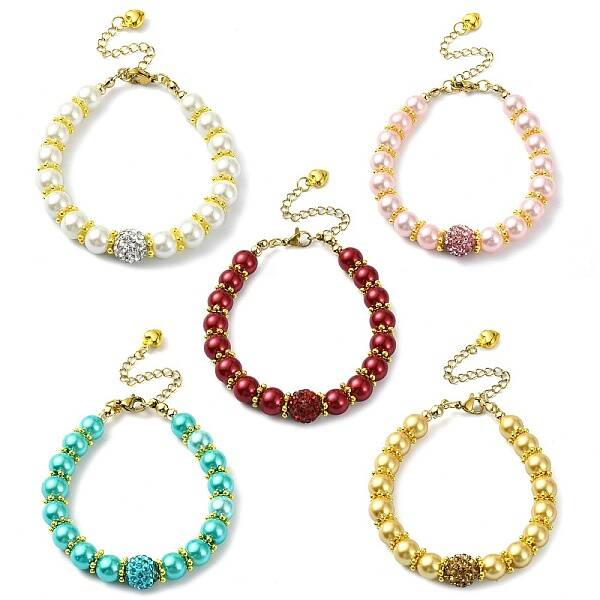 5Pcs 5 Styles 8mm Round Glass Pearl Beaded Bracelets