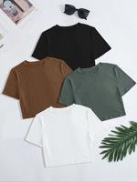 Women's Solid Round Neck Crop Tee, Casual Short Sleeve Crew Neck Tops for Daily Wear, Ladies Clothes for Summer, Tshirt