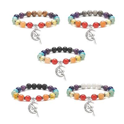 Chakra Theme Gemstone & Synthetic Hematite Beaded Stretch Bracelets for Women