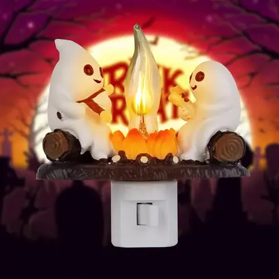 HALLOWEEN GIFT Ghost Campfire Flickering Night Light, 3D Small Electric Faux Campfire Night Light,Ghosts Campfire Flicker Fla...