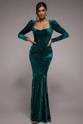 Goddiva Flared Hem Ice Velvet Maxi - Emerald Green