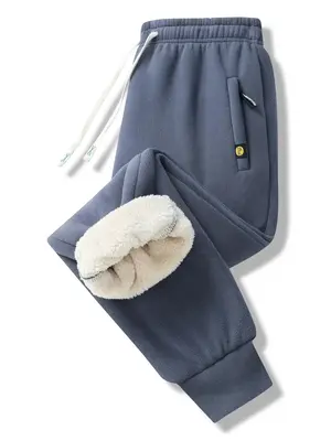 Men's Solid Zipper Pocket Thermal Lined Jogger Pants, Regular Fit Casual Comfy Drawstring Waist Warm Trousers for Winter, Men...