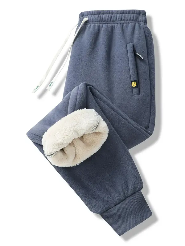 Men's Solid Zipper Pocket Thermal Lined Jogger Pants, Regular Fit Casual Comfy Drawstring Waist Warm Trousers for Winter, Men...