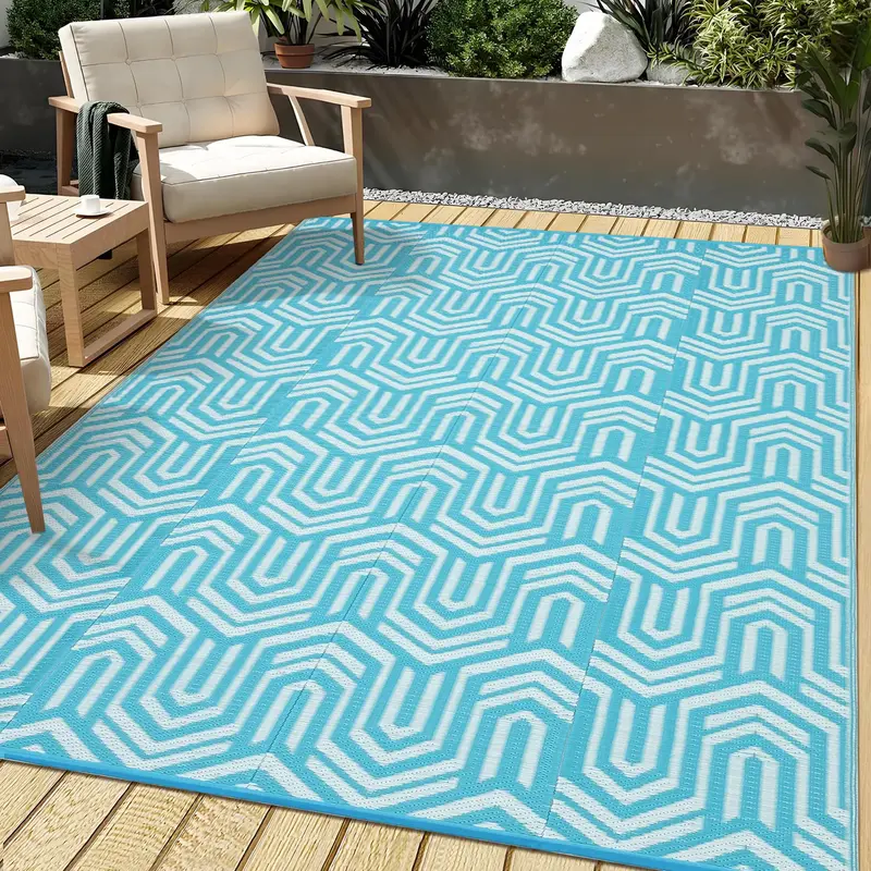 Garvee Reversible Outdoor Plastic Area Rug - Waterproof Modern Geometric Low Pile Patio Mat - Easy Clean Portable Carpet for ...