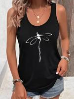 Women's Dragonfly Print Round Neck Tank Top, Casual Sleeveless Top for Summer, Ladies Clothes for Daily Wear