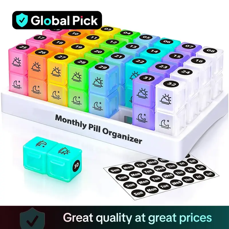 Monthly Pill Organizer Storage, 1 Set 2 Times A Day Pill Box, Pill Organizer with Stickers, AM PM Design, Holds Vitamins and ...