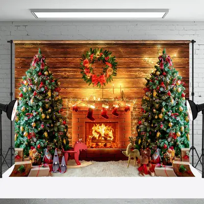 Aperturee Fireplace Wreath Wooden Christmas Tree Backdrop - Aperturee
