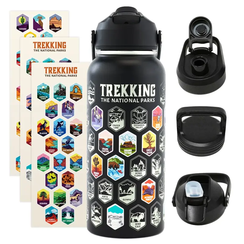 Underdog Games Trekking The National Parks Water Bottle 32oz Insulated Leakproof Stainless Steel Tumbler Flask Travel Set wit...