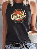 Women's Letter Print Round Neck Tank Top, Vintage Trendy Casual Sleeveless Top for Daily Wear, Ladies All Seasons Clothing, G...