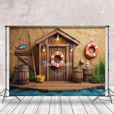 Retro Riverside Cabin Fishing Cake Smash Backdrop - Aperturee