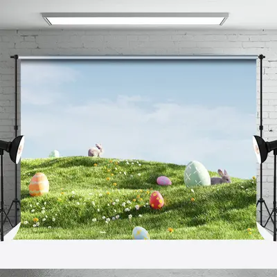 Grass Lawn Eggs Rabbit Easter Spring Scene Backdrop - Aperturee