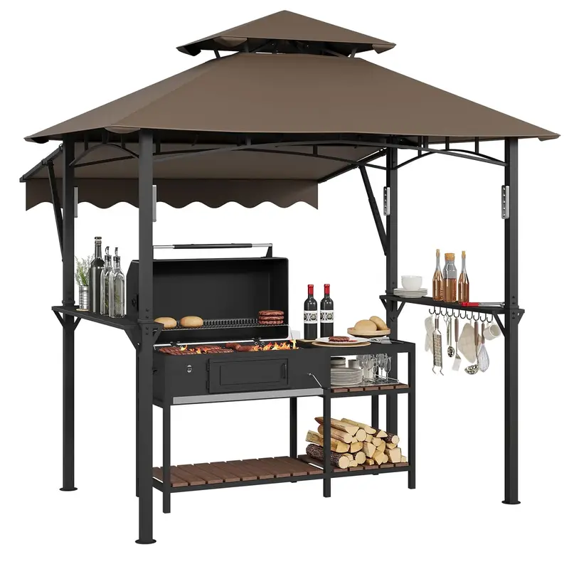 Garvee 8' x 5' Grill Gazebo Canopy with 7' x 3' Awning, Heavy-Duty Q235 Steel Frame, Waterproof UV-Resistant Double-Tiered Ro...