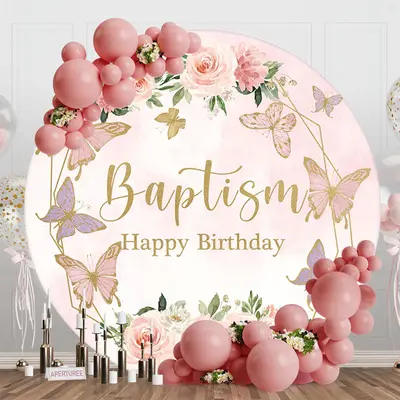 Pink Floral Baptism Round Happy Birthday Backdrop - Aperturee