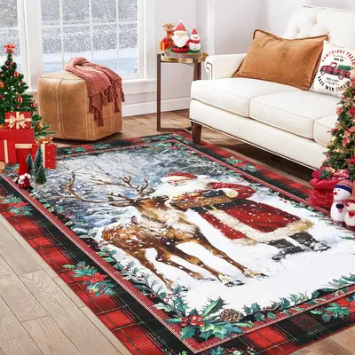 Garvee Christmas Santa Claus Reindeer Area Rug Washable Non Slip Winter Rugs Christmas for Living Room Low Pile Throw Rug Car...