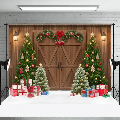 Aperturee Brown Wood Barn Door Wreath Christmas Tree Backdrop - Aperturee