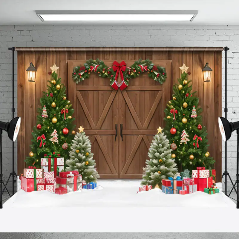 Aperturee Brown Wood Barn Door Wreath Christmas Tree Backdrop - Aperturee