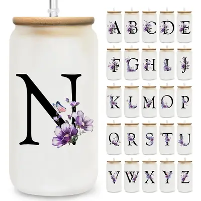 Flower & A-Z Pattern Glass Cup, 16oz Glass Cup with Bamboo Lid & Straw, Summer Cool Bottle Modern Drinking Cup for Home Of...