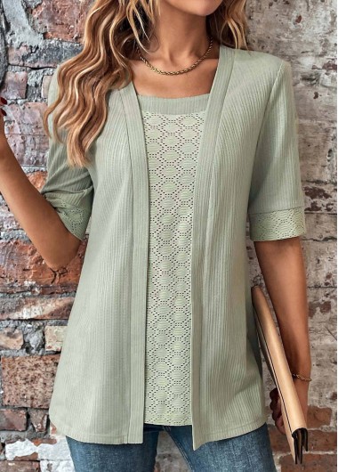 Modlily Sage Green Half Sleeve Fake Two Piece Twinset - XL
