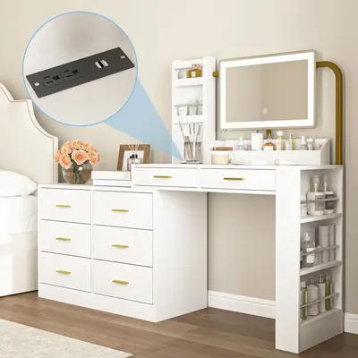 Spaco Vanity Desk with Adjustable LED Mirror | 8-Drawer 15-Organizer Makeup Table, Space-Saving Dresser with Charging Station...