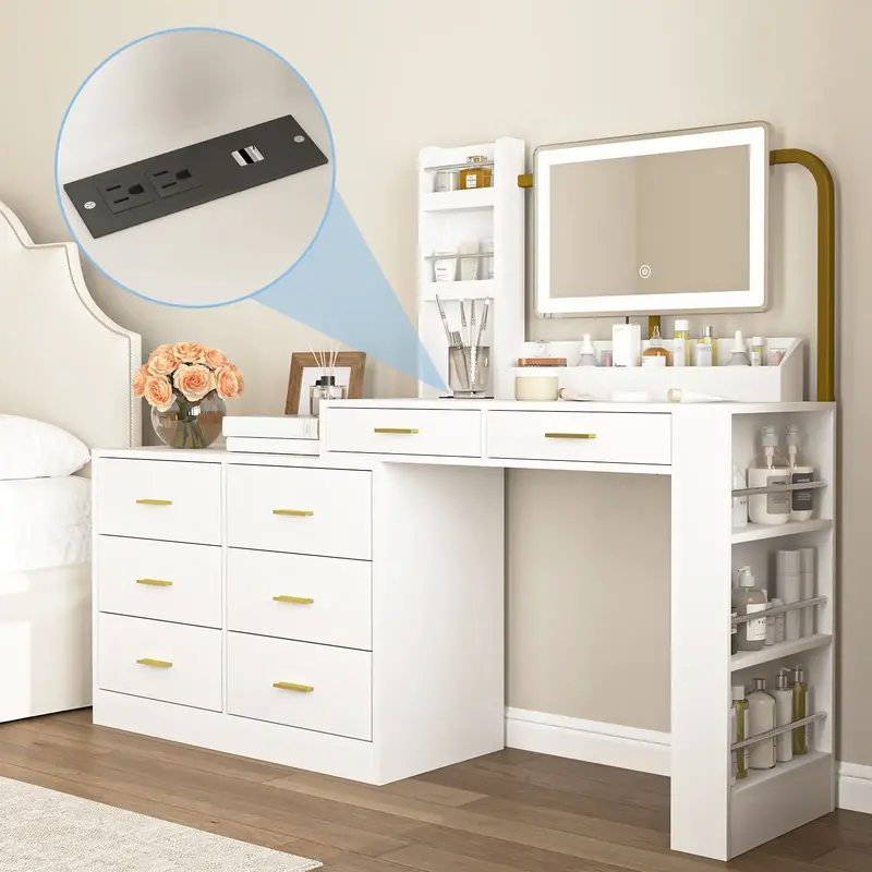 Spaco Vanity Desk with Adjustable LED Mirror | 8-Drawer 15-Organizer Makeup Table, Space-Saving Dresser with Charging Station...