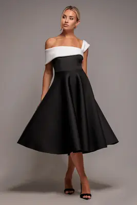 Goddiva One Shoulder A Line Midi Dress - Black Cream