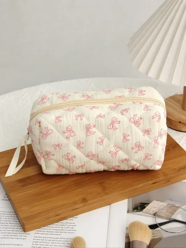 Cute Bowknot Pattern Makeup Bag, Quilted Design Cosmetic Bag with Zipper, Makeup Organizer Storage Bag, Travel Storage Bag fo...