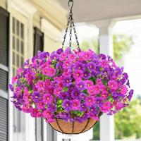 Artificial Hanging Flower with Hanging Basket, Hanging Plant Basket, UV Resistant Fake Flower, Decorative Flower for Outdoor ...