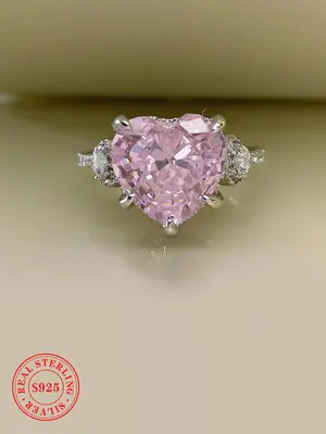 S925 Sterling Silver Heart Shaped Artificial Zircon Ring, Elegant Romantic Ring for Women, Fashion Jewelry for Party, Daily D...