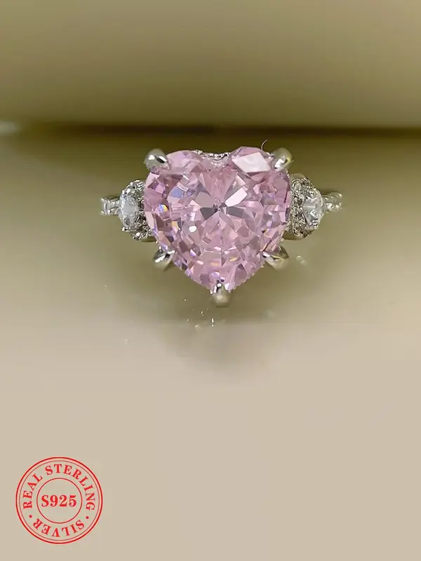 S925 Sterling Silver Heart Shaped Artificial Zircon Ring, Elegant Romantic Ring for Women, Fashion Jewelry for Party, Daily D...
