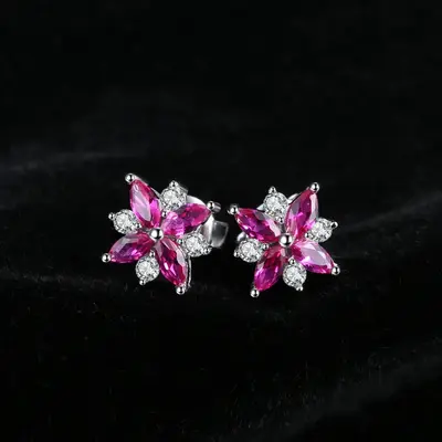 Stunning Ruby Flower Cross 925 Sterling Silver Stud Earrings - Exquisite Gemstone Jewelry for Women, Perfect Birthday Gift